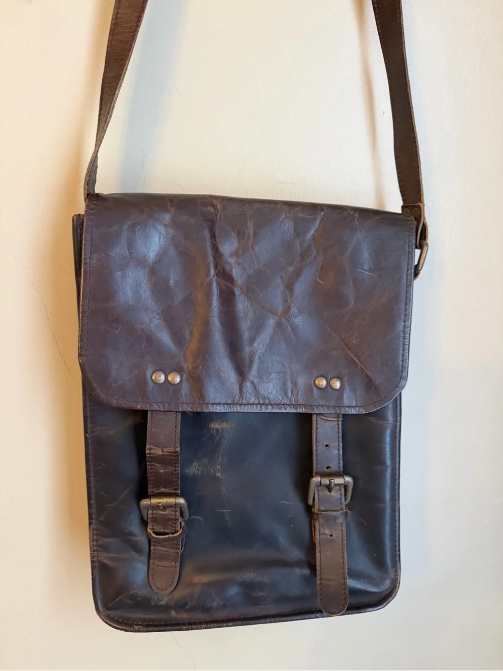 Vtg Waxed Leather Messenger Bag Crossbody Green Canvas Interior Brass Hardware